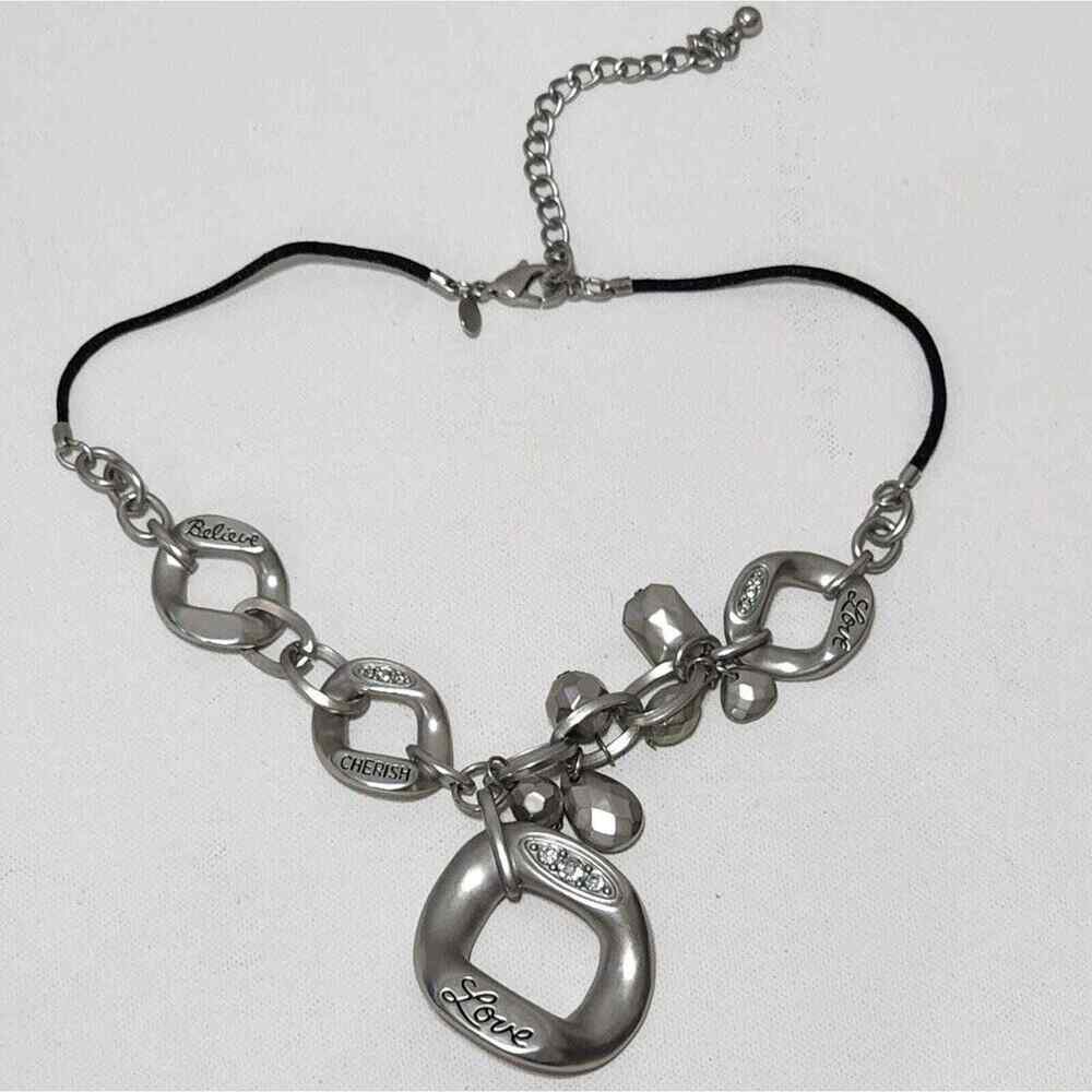 Chico's silver tone jeweled believe, cherish, love pendant charm necklace